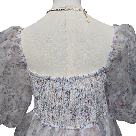 NWT Jun & Ivy Women Babydoll Puff Sleeve Floral Mini Dress M Sheer Cottage Fairy - Picture 4 of 9